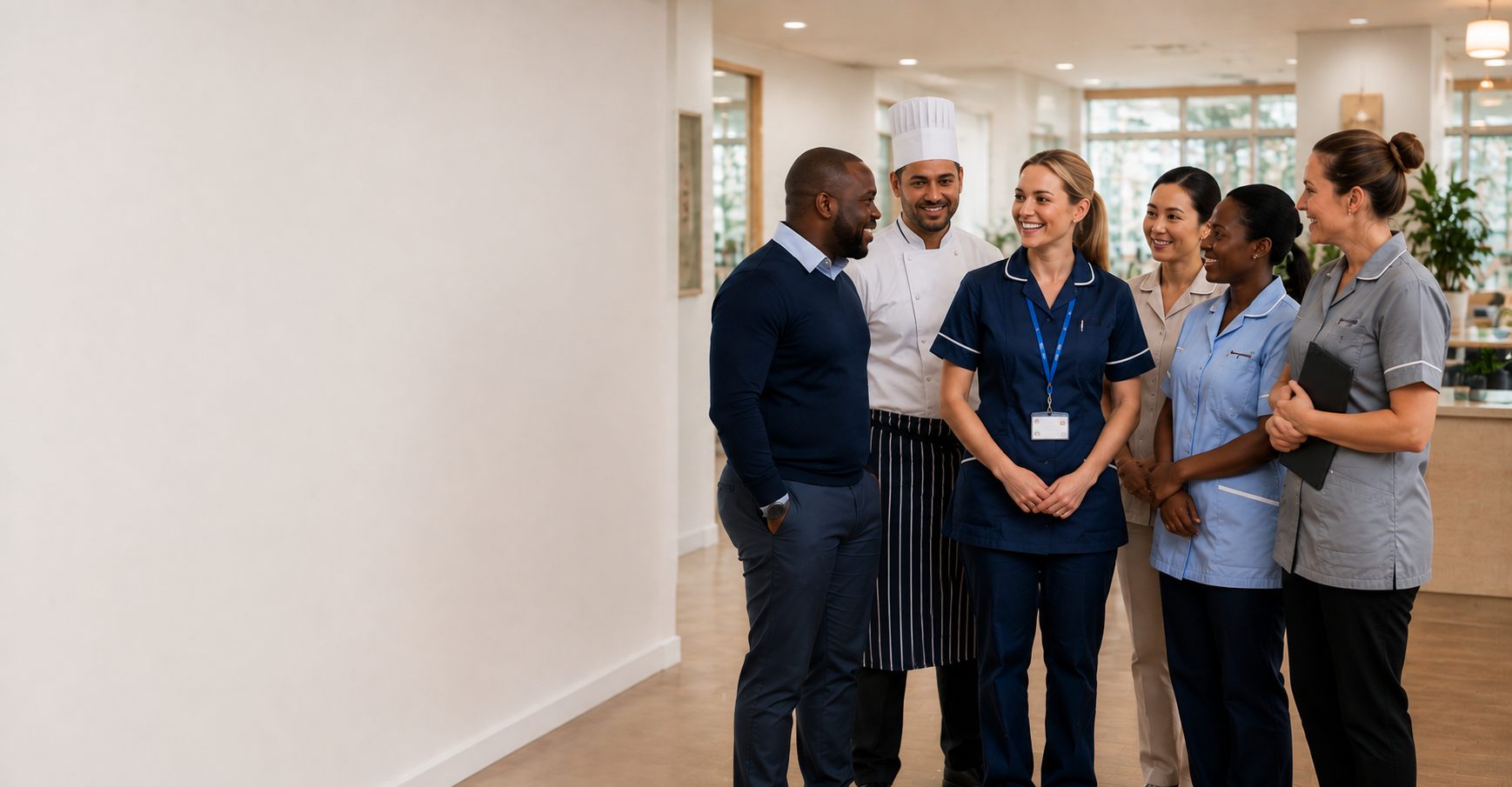 Nursing, care, catering and management staff together in a care home